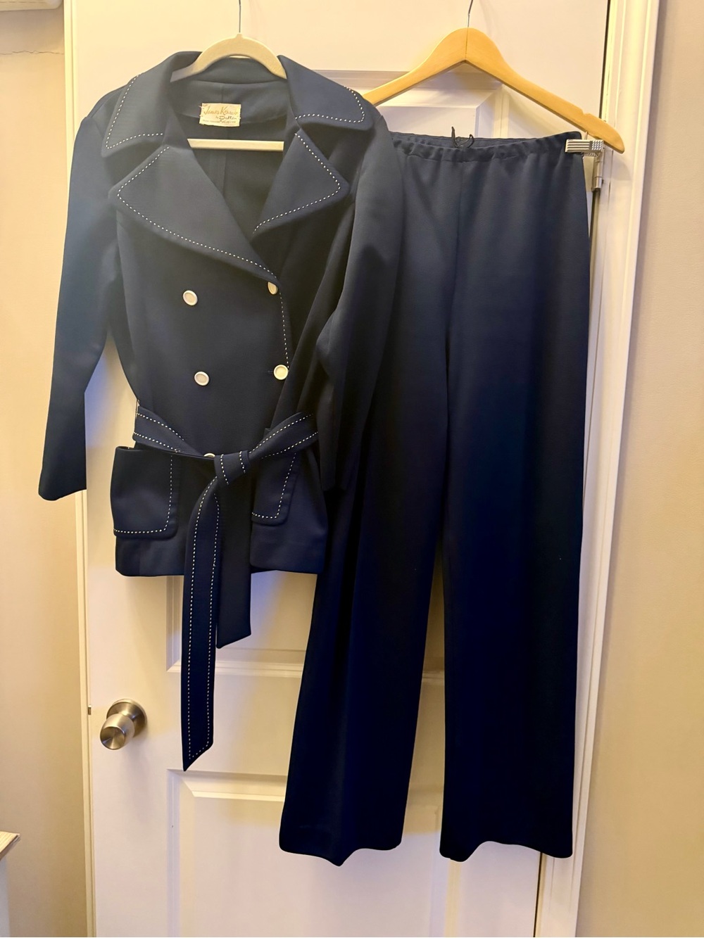 70s James Kenrob Dalton Pantsuit Navy White Stitching Belted Mod Size 14